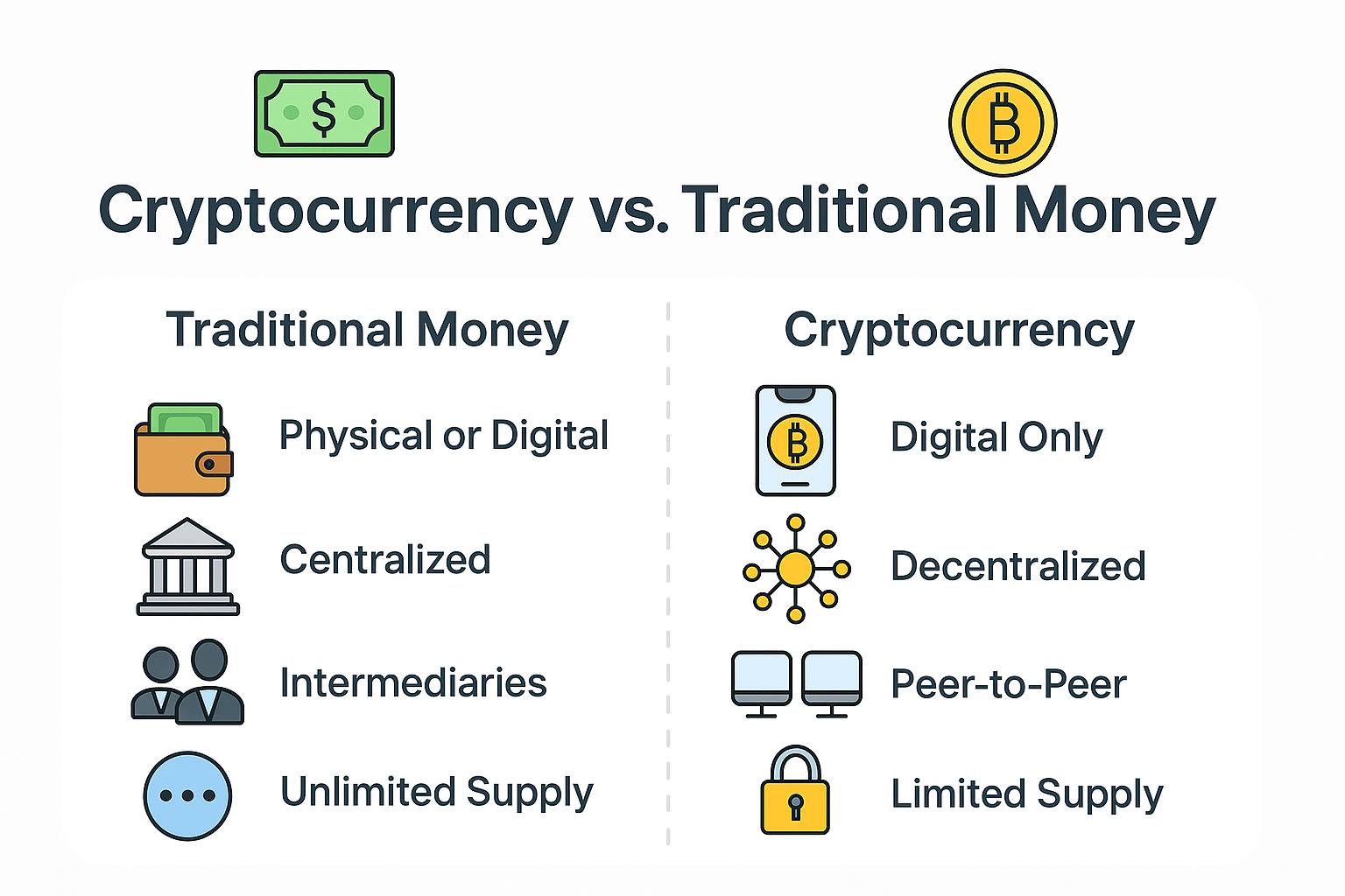 Comparison between cryptocurrency and traditional fiat money